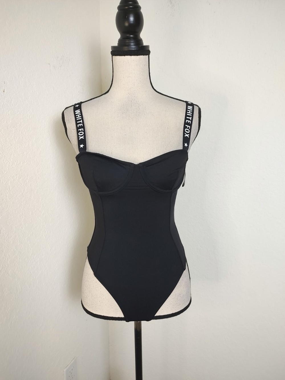 White Fox Boutique Black Logo-Strap Structured Bodysuit